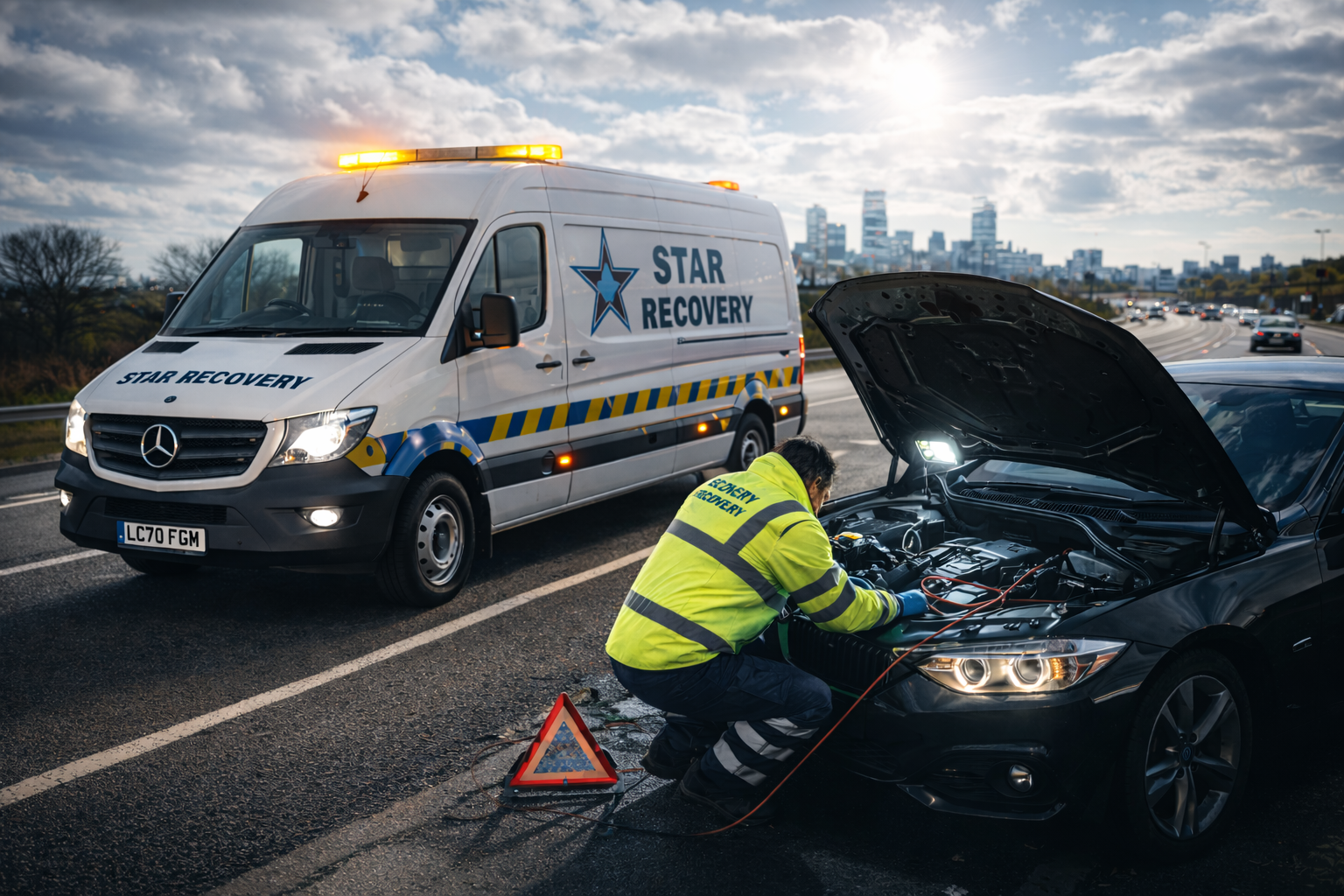 Roadside technician fixing a car